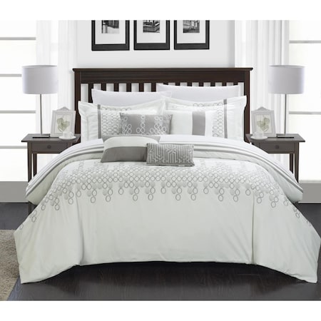 12 Piece Laura Embroidered Oversized Overfilled Queen Comforter Set, White With Sheet Set, 12PK